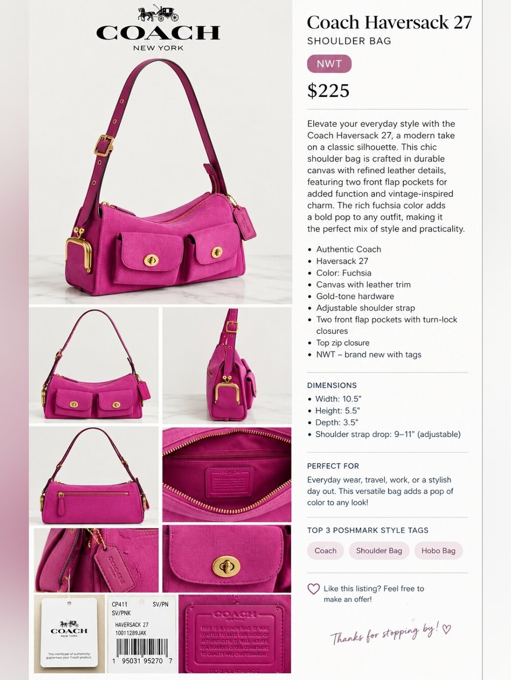 NWT Coach Haversack 27 Magenta Pink Shoulder Bag